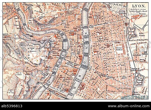 Historical map of Lyon, France, 19th century, from Meyers Konversations-Lexikon encyclopaedia, 1890, Europe.