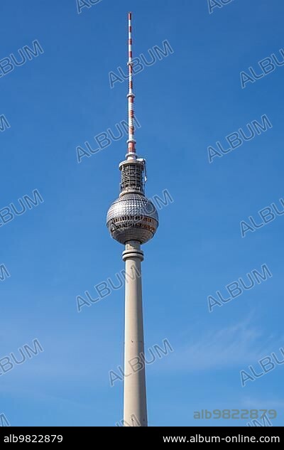 The TV Tower; Berlin's most famous landmark; under a bright blue sky.