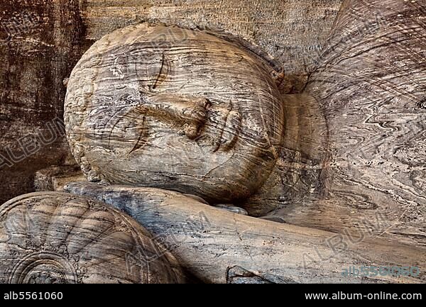 Close-up of Reclining Buddha, Gal Vihara, Polonnaruwa, Sri Lanka, Asia.