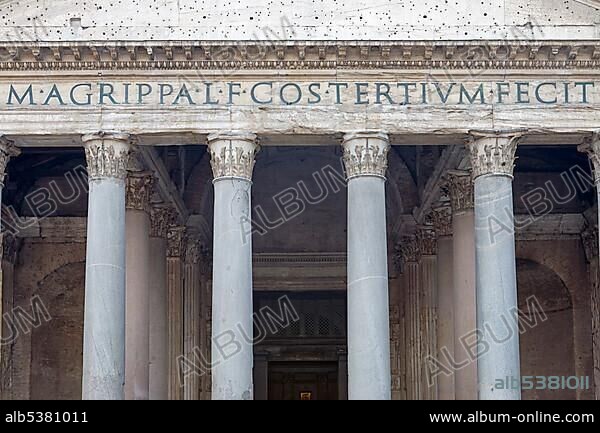 Inscription on the architrave of the Pantheon, Rome, Italy, Europe.