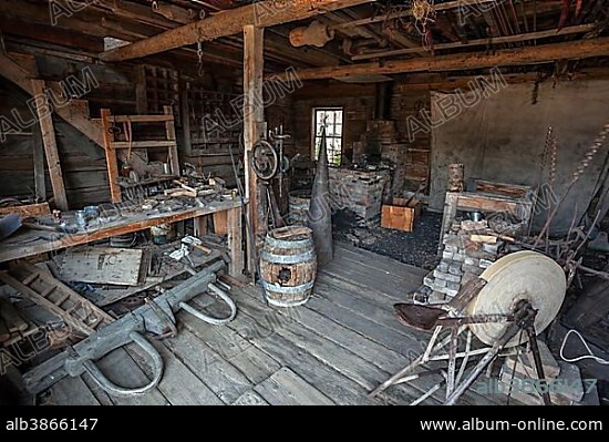 Old blacksmith shop, Wild West open-air museum, Nevada City Museum, former gold mining town, Ghost Town, Montana Province, USA, North America.