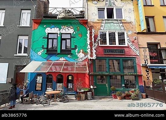 Restaurants with colourfully painted facades at the harbour, Ostend, Belgian coast, West-Flanders, Belgium, Europe.
