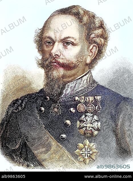 Victor Emmanuel II, full name Vittorio Emanuele Maria Alberto Eugenio Ferdinando Tommaso di Savoia, 14 March 1820, 9 January 1878, was King of Sardinia-Piedmont from 1849 to 1861, digital improved reproduction of an original print from the 19th century.