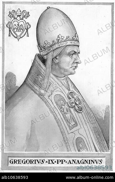 Gregory IX, originally Ugolino dei Conti di Segni (born of the House of the Counts of Segni) (born c. 1167 in Anagni) (died 22 August 1241 in Rome), was Pope of the Catholic Church from 19 March 1227 until his death, Historical, digitally restored reproduction from a 19th century original, Gregory IX, originally Ugolino dei Conti di Segni (born of the House of the Counts of Segni) (born c. 1167 in Anagni) (died 22 August 1241 in Rome) . century, Gregory IX, originally Ugolino dei Conti di Segni (born of the House of the Counts of Segni) (born c. 1167 in Anagni) (died August 22) (1241 in Rome), was Pope of the Catholic Church from Ma.