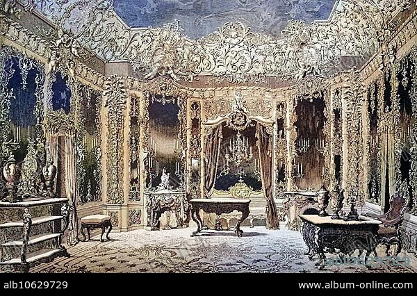 Hall of Mirrors in Linderhof Palace, Ettal, Bavaria, Germany, Historical, digitally restored reproduction from a 19th century original, coloured, Hall of Mirrors in Linderhof Palace, Bavaria, Historical, digitally restored reproduction from a 19th century original, coloured, Europe.