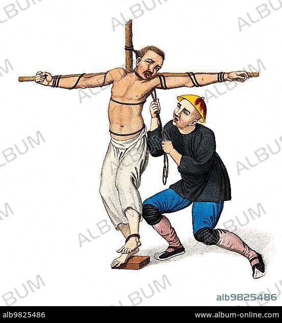 Torture; Punishment; Punishment; A Chinese man is tied to a cross with a rope; c. 1810; China; Historical; digitally restored reproduction from a 19th century original; Asia.