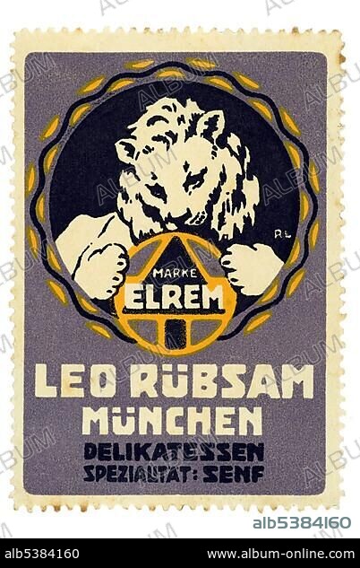 German trading stamp, "Marke Elrem, Leo Ruebsam, Muenchen, Delikatessen, Spezialitaet Senf".