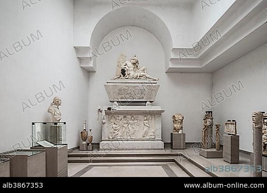Cenotaph for Johann Joachim Winckelmann, by Antonio Bosa, 1832 Temple in the Lapidario Tergestino, Museum of Roman grave stones, castle hill San Giusto, Trieste, Friuli-Venezia Giulia, Italy, Europe.