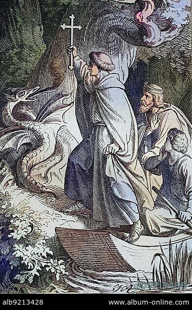 Biblical story, Saint Pirmin overcomes the dragon with the cross, Pirminius, originally Primenius or Priminius or Pirmin (c. 670) (3 November 753) was a monastery founder and is venerated as a saint, Historical steel engraving from 1860.