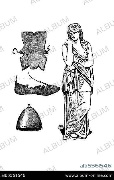 Kleidung der Germanen in römischer und noch älterer Zeit, ca. 10 v. Chr. die Germanin oder sogenannte Thusnelda in der antiken römisch-griechischen Tracht, links ein Schuh aus einem Stück Fell, der sogenannte Bundschuh und ein Bronzehelm, digitale Reproduktion einer Originalvorlage aus dem 19. Jahrhundert, Originaldatum nicht bekannt.