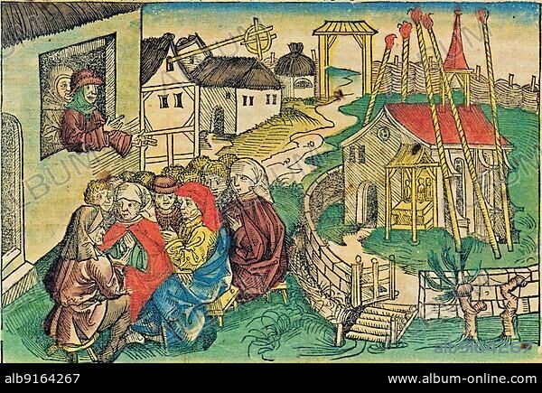 Hans Böhm or Hans Behem, Pauker von Niklashausen (born around 1458) (died 19 July 1476), Pfeiferhannes, was a cattle herder, musician, preacher and initiator of the Niklashäuser pilgrimage of 1476. Account of the Pauker von Niklashausen in the Schedelsche Weltchronik of 1493, Historic, digitally restored reproduction of an original from the 19th century, exact original date unknown.