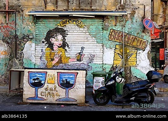 Graffiti, bar, La Vucciria district, Piazza Garraffello, Palermo, Sicily, Italy, Europe.