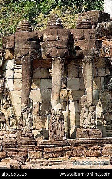 Three-headed elephant picks a lotus flower with his trunks, Terrace of the Elephants, Angkor Thom, UNESCO World Heritage Site, Siem Reap, Cambodia, Southeast Asia, Asia.