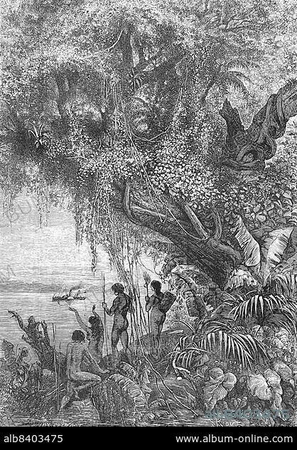 Natives watching the first steamboat on the Amazon, 1860, Brazil, Historic, digitally restored reproduction of an original 19th century painting, exact original date unknown, South America.