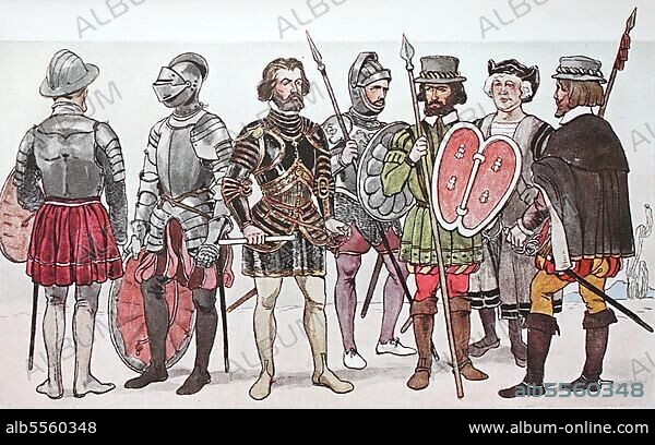 Kleidung, Mode in Spanien und Portugal um 1500-1540, spanische Fürsten und Entdecker, von links, zwei Rüstungen in der (Armeria) Real, der Waffensammlung in Madrid, dann Ferdinand Cortez, dann zwei Soldaten von Cortez, dann Kostüm von Cristobal Colombo und ein weiterer Soldat von Cortez, digital restaurierte Reproduktion einer Originalvorlage aus dem 19. Jahrhundert.