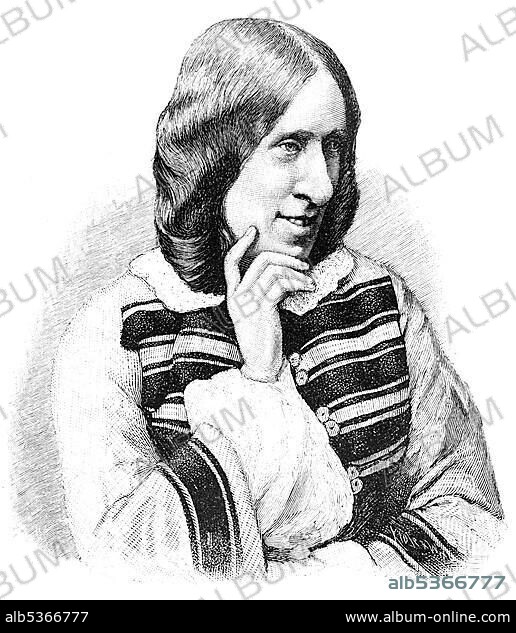 Historical engraving, 19th century, portrait of George Eliot or Mary Anne Evans, 1819 - 1880, English writer, translator and journalist.