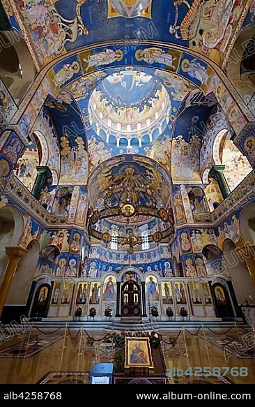 Interior painted with elaborate frescoes, St. Johannnes Vladimir Cathedral, Hram Svetog Jovana Vladimira, Bar, Montenegro, Europe.