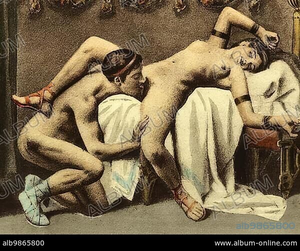 Couple having sex, Oral sex, Erotic illustration by Edouard-Henri Avril (21 May 1849 - 1928), a French painter and graphic artist, under the name Paul Avril he became known as an illustrator of erotic to pornographic novels, Historical, digitally restored reproduction from a 19th century original.