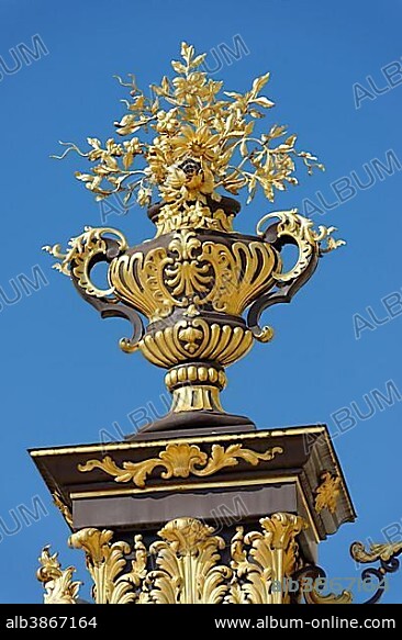 Decorative metal vase, at the gate to Place Stanislas, Nancy, Lorraine, France, Europe.