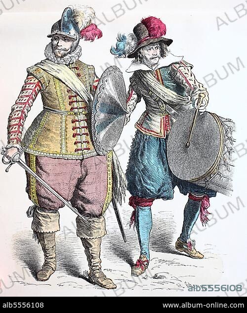 Folk traditional costume, clothing, history of costumes, German soldiers, 1625, Germany, digitally restored reproduction of a 19th century original, exact date unknown, Europe.