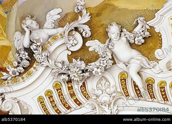 Detail, putto, putti (cherubs), Wallfahrtskirche Steinhausen (baroque pilgrimage church), Steinhausen, Bad Schussenried, Upper Swabia, Baden-Wuerttemberg, Germany, Europe.