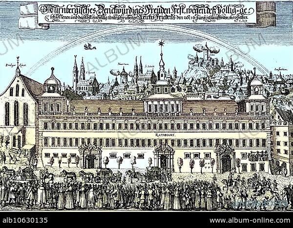 The Nuremberg Peace Festival in 1650, after the Thirty Years' War and the Peace of Westphalia. Nuremberg peace festival, 1650. The Nuremberg Execution Day or Peace Execution Congress served to clarify questions that had remained unresolved at the end of the Thirty Years' War through the Peace of Westphalia, digital enhanced reproduction from a publication from 1880, The Nuremberg peace festival in 1650, after the Thirty Years' War and the Peace of Westphalia.