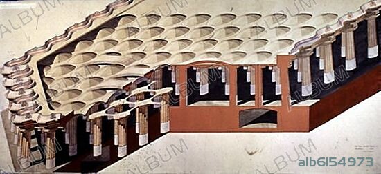 ANTONI GAUDÍ. PROYECCION ISOMETRICA DE LA COLUMNATA DORICA CONOCIDA COMO "TEATRO GRIEGO" DEL PARQUE GÜELL - SIGLO XX.