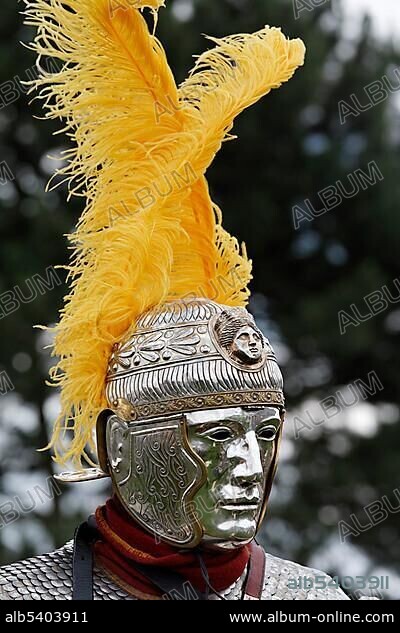 Roman horseman with a silver facial mask, Roman Festival, Archaeological Park Xanten, Lower Rhine region, North Rhine-Westphalia, Germany, Europe.