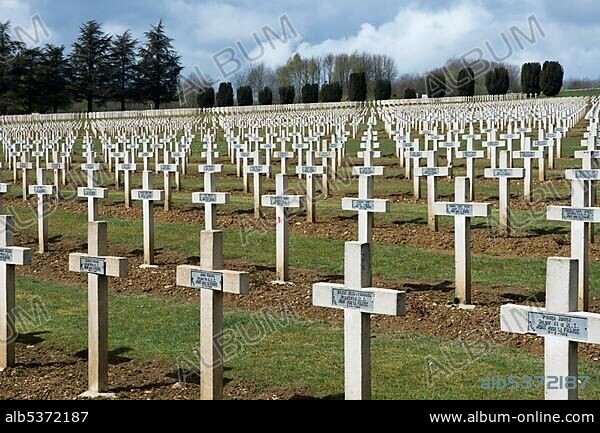 Graves, crosses, headstones with name plates on a military cemetery, Battle of Verdun, First World War, Verdun, Lorraine, France, Europe.