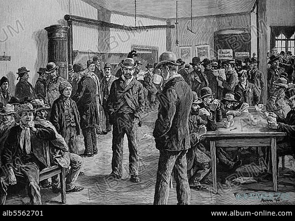 Die Wärmestube für Obdachlose in München, Bayern, Deutschland, hier der Männerraum, 1880, Historisch, digitale Reproduktion einer Originalvorlage aus dem 19. Jahrhundert, Originaldatum nicht bekannt.