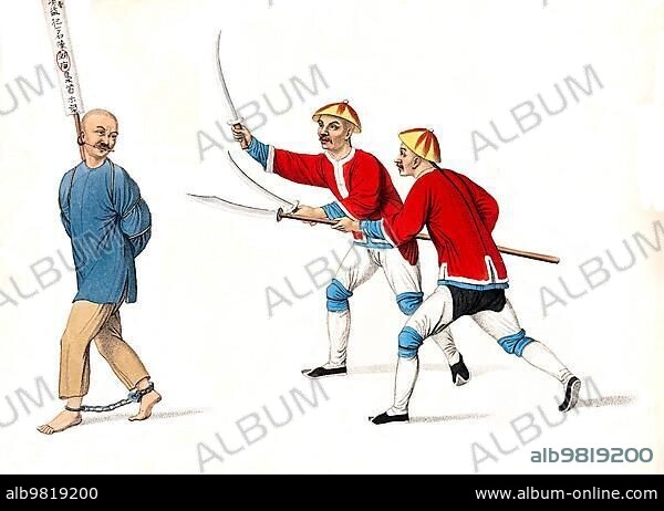 Torture; Punishment; Punishment; A Chinese man with bound feet and two Chinese men in red jackets and with swords; c. 1810; China; Historical; digitally restored reproduction from a 19th century original; Asia.