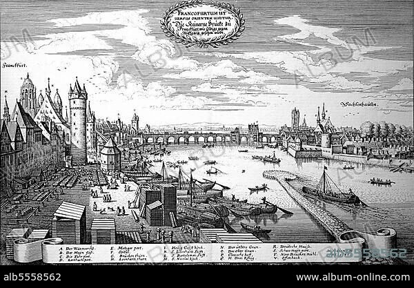 Frankfurt am Main im Mittelalter, Hessen, Deutschland, Historisch, digital restaurierte Reproduktion einer Originalvorlage aus dem 18. Jahrhundert, genaues Originaldatum nicht bekannt.