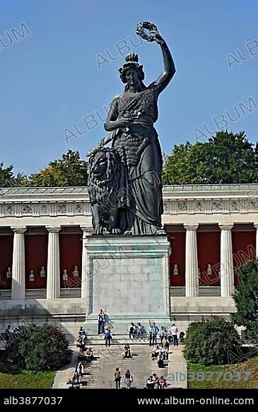 Bronze statue of Bavaria in front of the Ruhmeshalle building, Munich, Upper Bavaria, Bavaria, Germany, Europe.