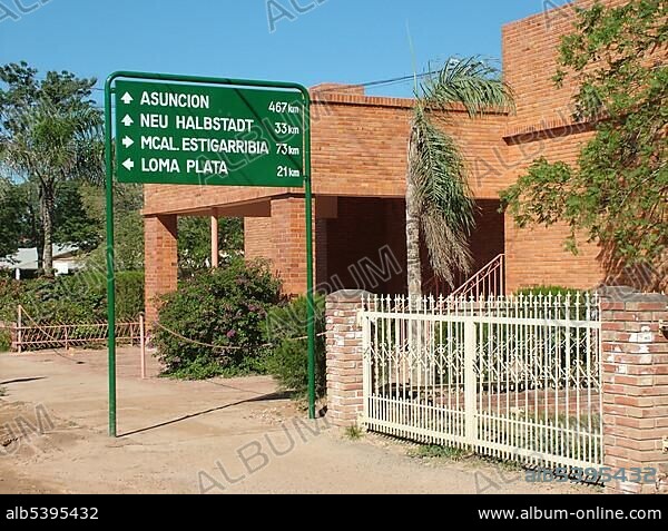 Road sign with German villages, Mennonite colony, Filadelfia, Fernheim, Gran Chaco, Paraguay, South America.