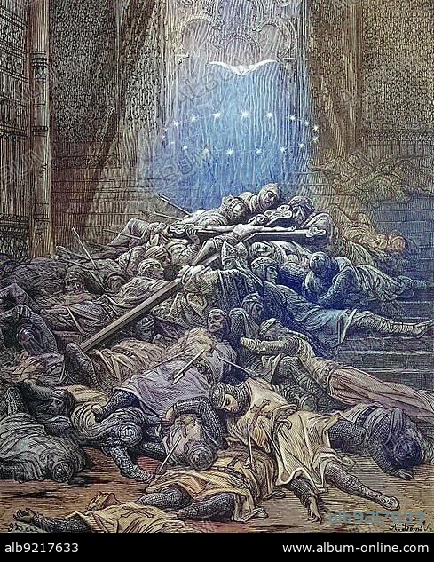 The Fallen Knights Templar at the Gates of Jerusalem, Fifth Crusade, Crusades were strategically, religiously and economically motivated wars sanctioned by the Latin Church between 1095-99 and the 13th century, Historical, digitally restored reproduction from a 19th century original.