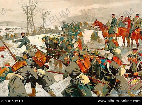 Historical drawing, German soldiers with General August von Werder, Battle at the Lisaine or Bataille d'Héricourt at Belfort, Battle of Héricourt or Battle of Montbéliard, 15-17 January 1871, Franco-Prussian War or Franco-German War, 1870-1871, between the French Empire and the Kingdom of Prussia.