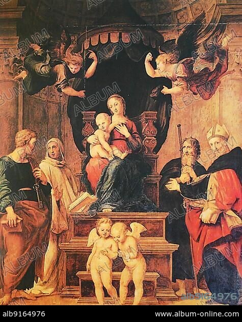 Madonna del Baldacchino, by Raffaello Sanzio da Urbino, also Raffael da Urbino, Raffaello Santi, Raffaello Sanzio, Raffael, Italian painter, Italy, digitally restored reproduction of a work of art (public domain) from c. 1500, Europe.