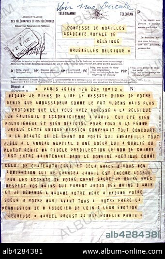 Telegram sent by Marcel Proust to Anna de Noailles. January 22, 1922, France. Private collection.