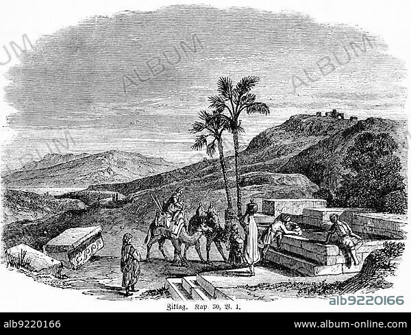 Ziklag, David, third day, city, Judas, landscape, mountains, stones, camels, horsemen well, men, noon, burn, set on fire, Bible, Old Testament, First Book of Samuelis, chapter 30, verse 1, historical illustration around 1850, Middle East.