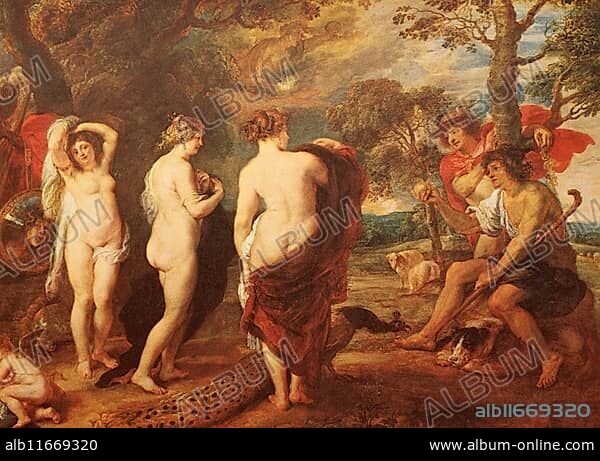 Painting by Peter Paul Rubens (born 28 June 1577 in Siegen. died 30 May 1640 in Antwerp), Flemish painter, The Judgement of Paris, a famous episode of Greek mythology, Historical, digitally restored reproduction from a 19th century original, Record date not stated.