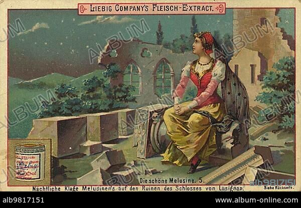 Nocturnal Lamentation of Melusine on the Ruins of Lusignan Castle; digitally restored reproduction of a public domain collector's picture from ca 1900; Liebig picture series Beautiful Melusine (1891).