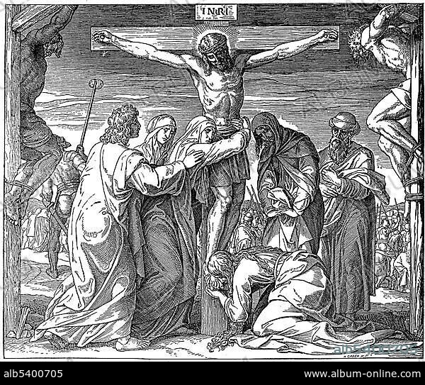 Woodcut, Jesus dies on the cross, Gospel of John, 19, 30, New Testament, Catholic Picture-Bible, Crucifixion.