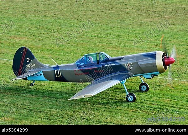 Russian sport aircraft Yakovlev Yak-50, Europe's largest meeting of vintage planes at Hahnweide, Kirchheim-Teck, Baden-Wuerttemberg, Germany, Europe.