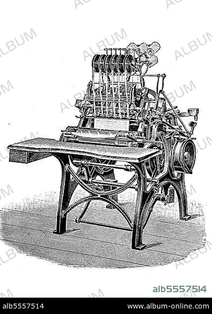 Druckerei, Patentierte Fadenbuchheftmaschine der Maschinenfabrik Gebrüder Brehmer, Leipzig, Deutschland, digital restaurierte Reproduktion einer Originalvorlage aus dem 19. Jahrhundert.