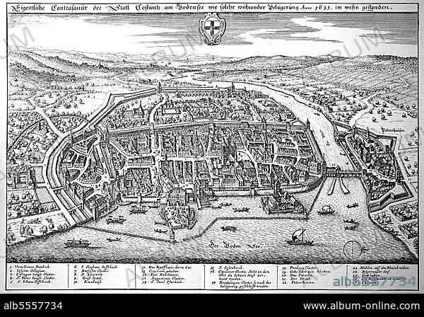 Konstanz am Bodensee im Mittelalter, Stadtplan, Baden-Württemberg, Deutschland, Historisch, digital restaurierte Reproduktion einer Originalvorlage aus dem 18. Jahrhundert, genaues Originaldatum nicht bekannt.