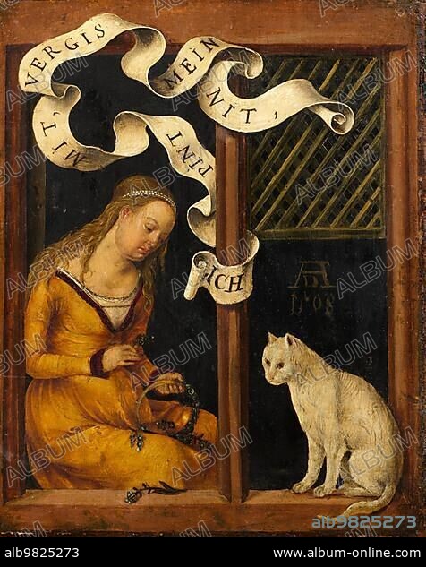 Girl making a garland; the cat sitting next to her; ca 1508; painting by Hans Süss of Kulmbach; Historic; digitally restored reproduction from a 19th century original.
