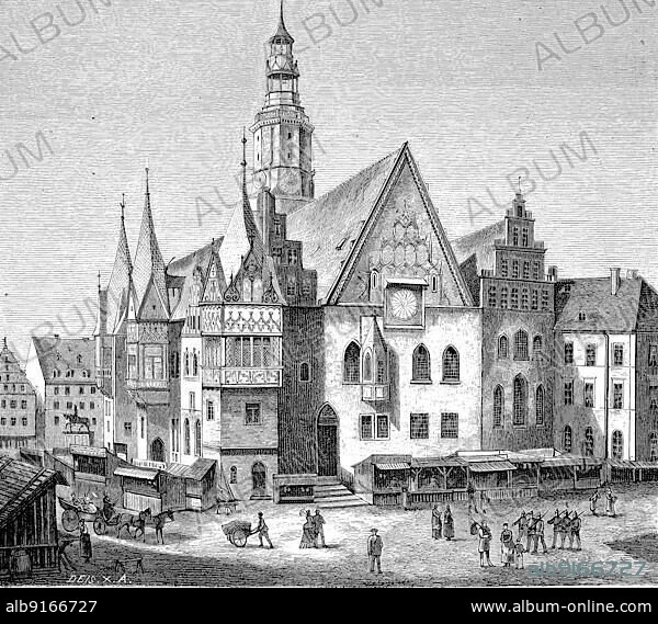 Historical illustration of the town hall of Breslau, Wroclaw, former German city, now Poland, Silesia, Historical, digitally restored reproduction of an original artwork from the 19th century, exact original date unknown.