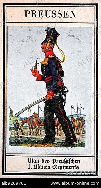 German Uniforms of the 19th century, Lines, Cavalry: Prussia, Uhlan of the Prussian 1st Uhlan (cavalry type armed with carbine) Regiment, Historical, digitally restored reproduction of a public domain collector's picture from the early 20th century.