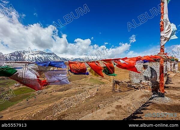 Buddhist prayer flages lungta in Buddhist Monastery in Comic Village, Spiti Valley, Himachal Pradesh, India, Asia.