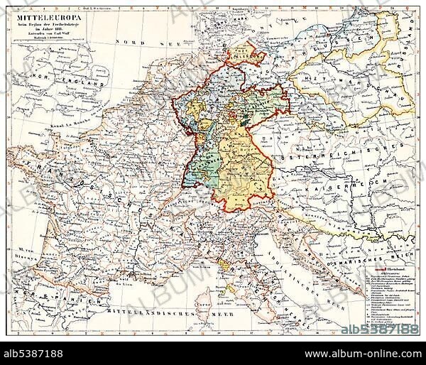 Historical map of Germany and Central Europe at the beginning of the revolutionary battles, 1813, 19th Century, from Meyers Konversations-Lexikon encyclopaedia, 1890.